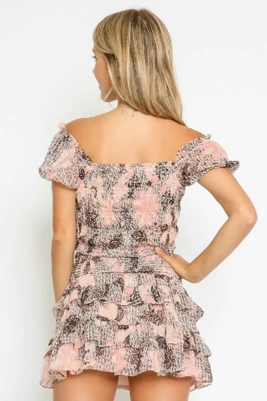 Jess Peach and Black Print Smocked Two-Piece Dress