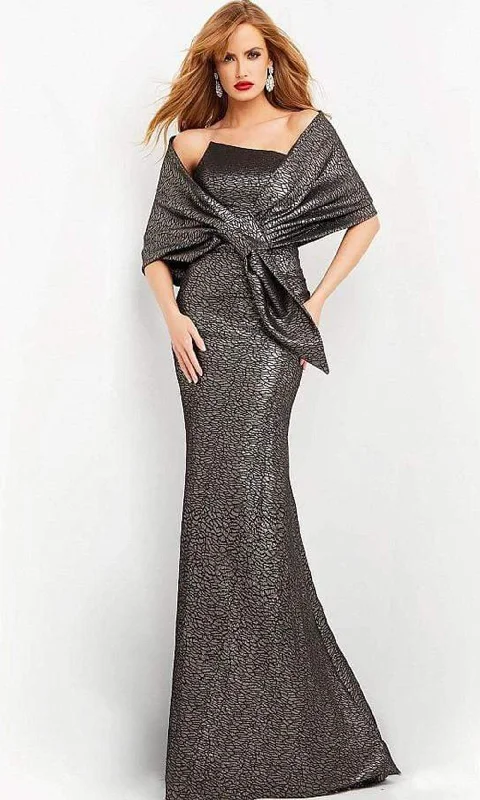 Jovani - 06867 Metallic Jacquard Asymmetric Neck Evening Gown