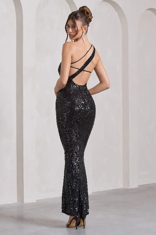 Juliet | Black Sequin One Shoulder Open Back Wrap Skirt Maxi Dress