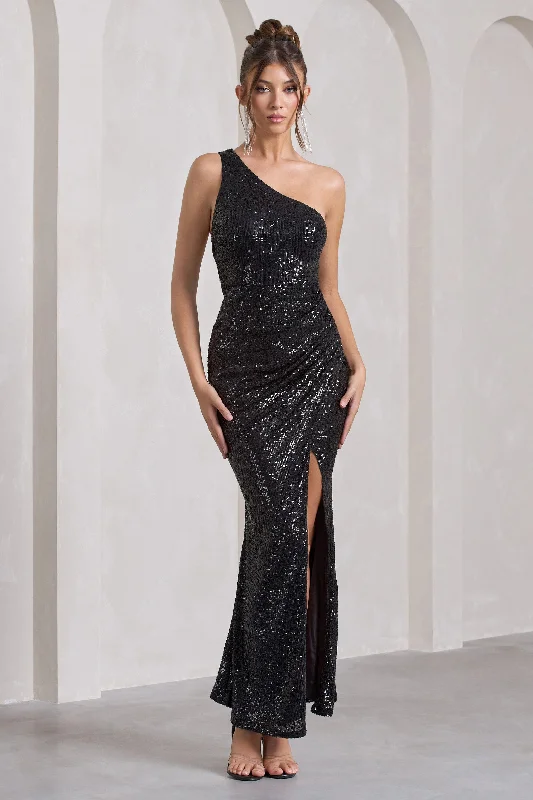 Juliet | Black Sequin One Shoulder Open Back Wrap Skirt Maxi Dress