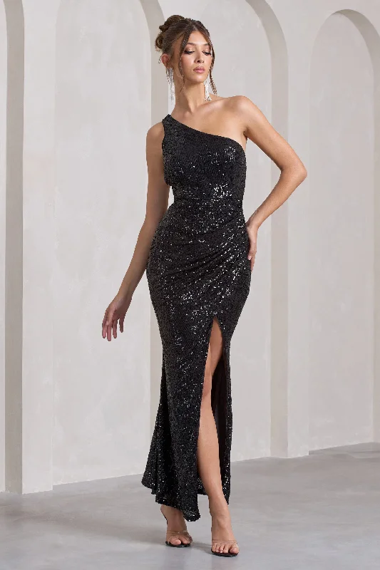 Juliet | Black Sequin One Shoulder Open Back Wrap Skirt Maxi Dress