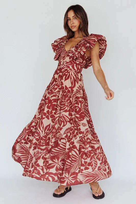 Kahlo Puffed Ruffle Neckline Maxi Dress Print Flame