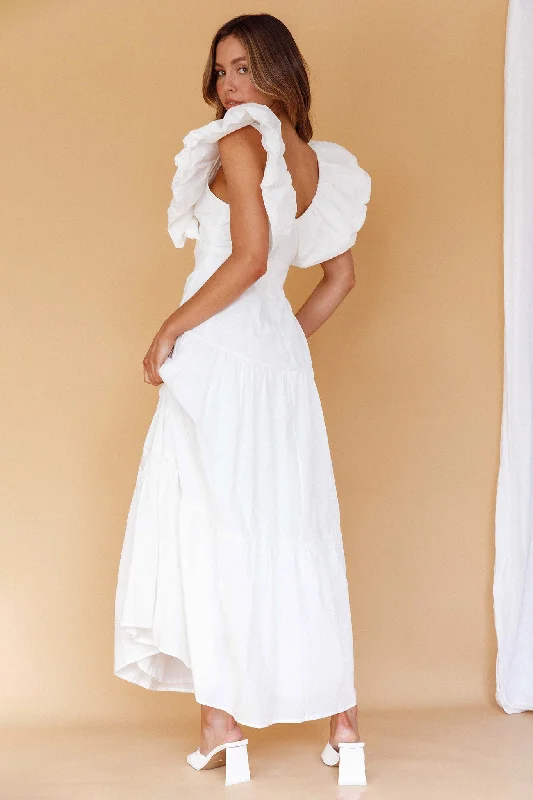 Kahlo Puffed Ruffle Neckline Maxi Dress White