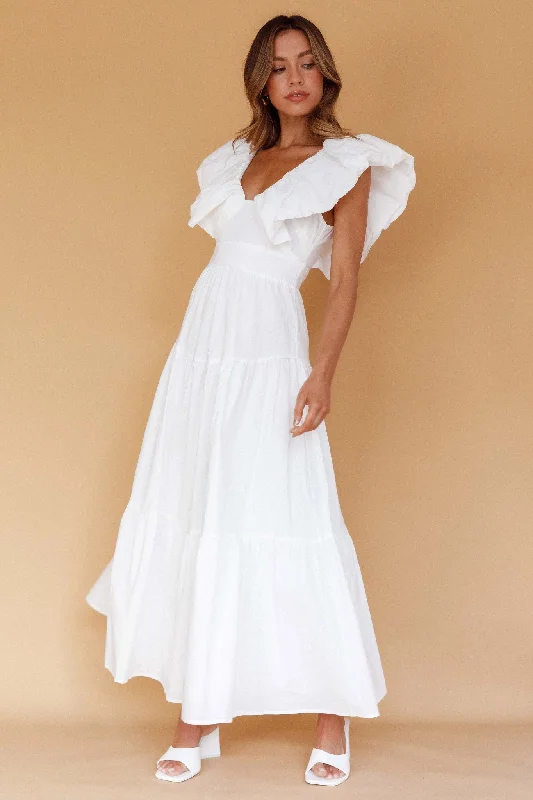 Kahlo Puffed Ruffle Neckline Maxi Dress White