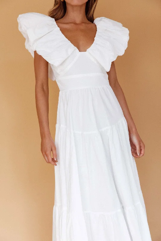 Kahlo Puffed Ruffle Neckline Maxi Dress White