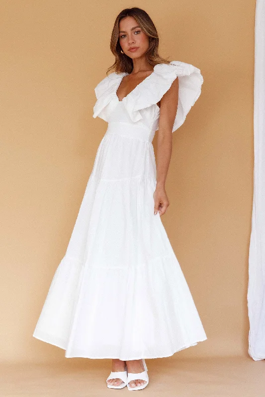 Kahlo Puffed Ruffle Neckline Maxi Dress White