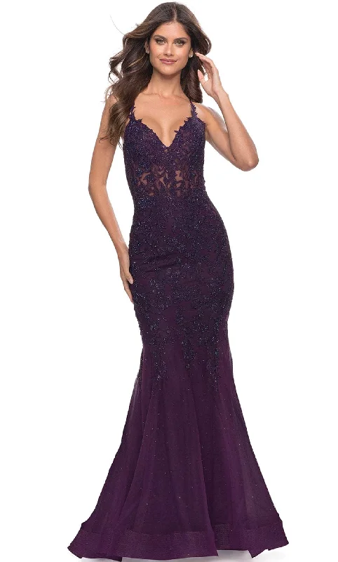 La Femme 31344 - Sheer Lace Applique Long Dress