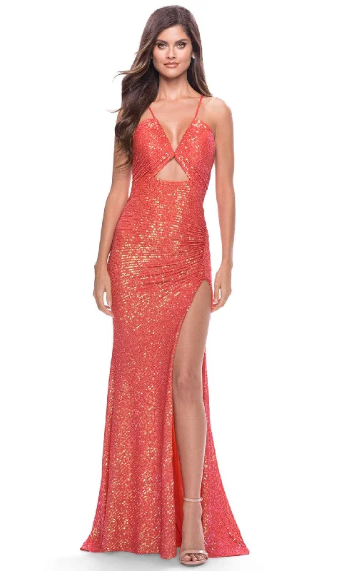 La Femme 31449 - V Neck Sequined Ruch Long Prom Gown