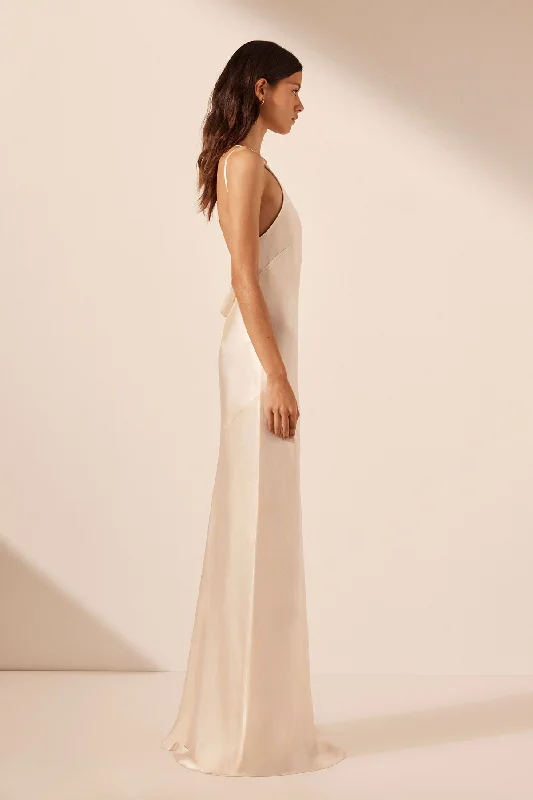 LA LUNE ONE SHOULDER COWL BACK MAXI DRESS - CREAM