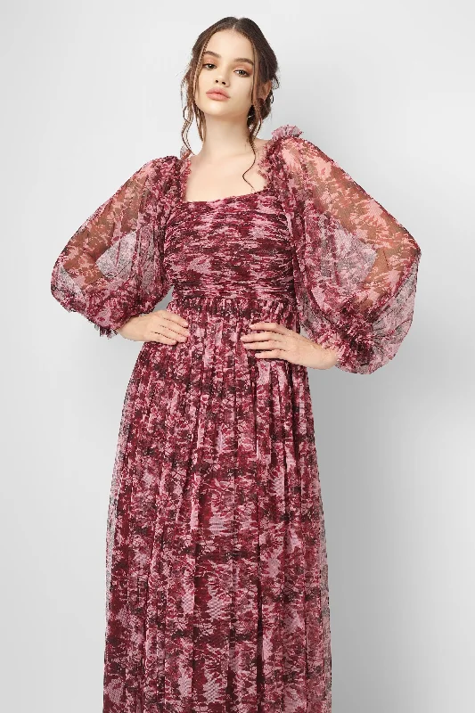 Lana Burgundy Printed Tulle Dress