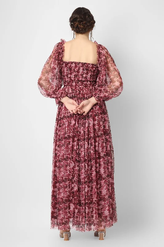 Lana Burgundy Printed Tulle Dress