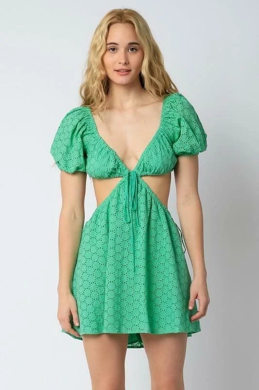 Lenah Green Eyelet Cutout Mini Dress