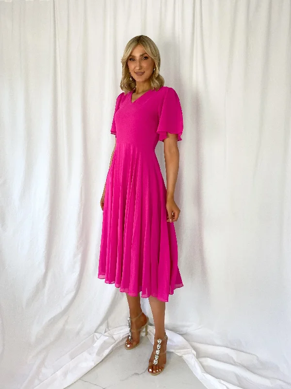 Lily Pleated Midi Dress - Fuchsia