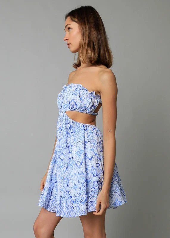 Maeve White and Blue Boho Print Strapless Dress