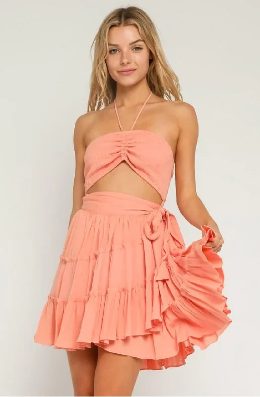 Mambo Peach Sunset Cutout Ruffle Dress