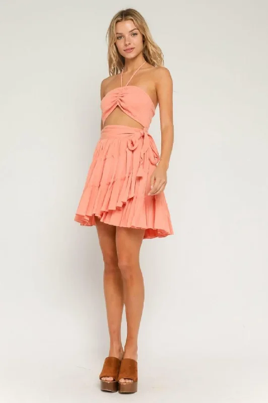 Mambo Peach Sunset Cutout Ruffle Dress