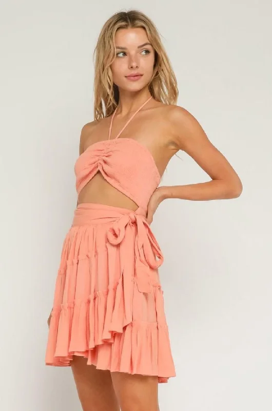 Mambo Peach Sunset Cutout Ruffle Dress