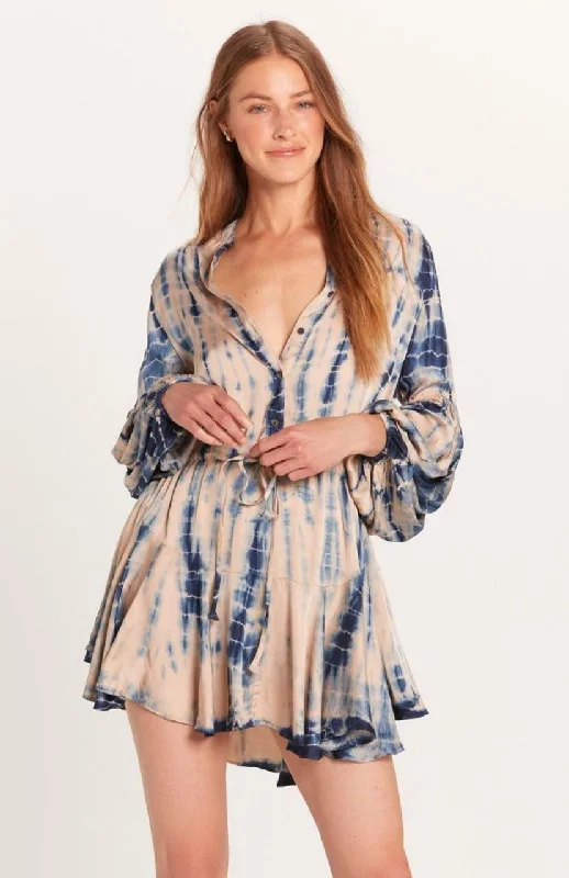 Marisol Nude and Navy Blue Tie-Dye Drawstring Mini Dress