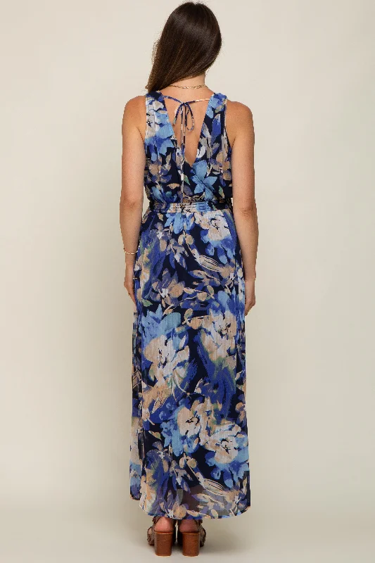 Navy Floral Pleated Waist Maternity Maxi Dress