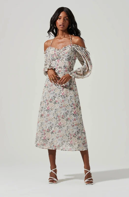 Off Shoulder Long Sleeve Cinched Bust Midi Dress