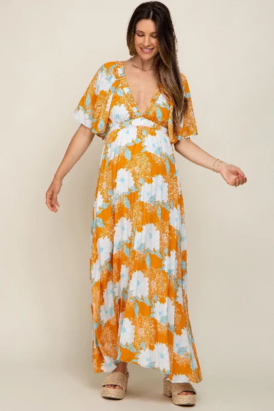 Orange Floral Deep V-Neck Maternity Maxi Dress