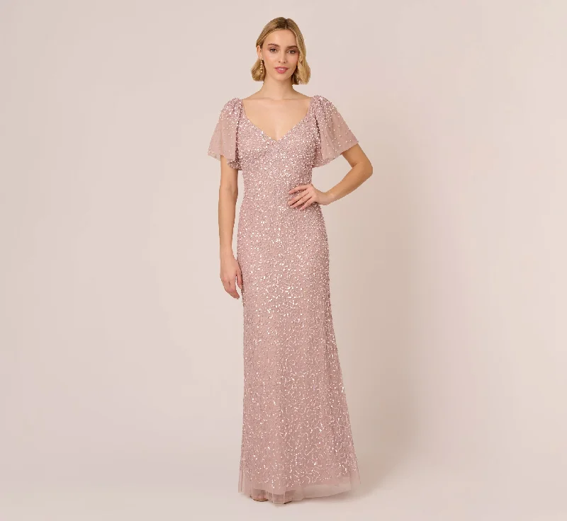 Pearl Beaded Mermaid Gown With Flutter Sleeves In Cameo