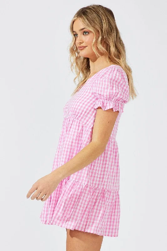 Pink Check Smock Dress Short Sleeve Tiered