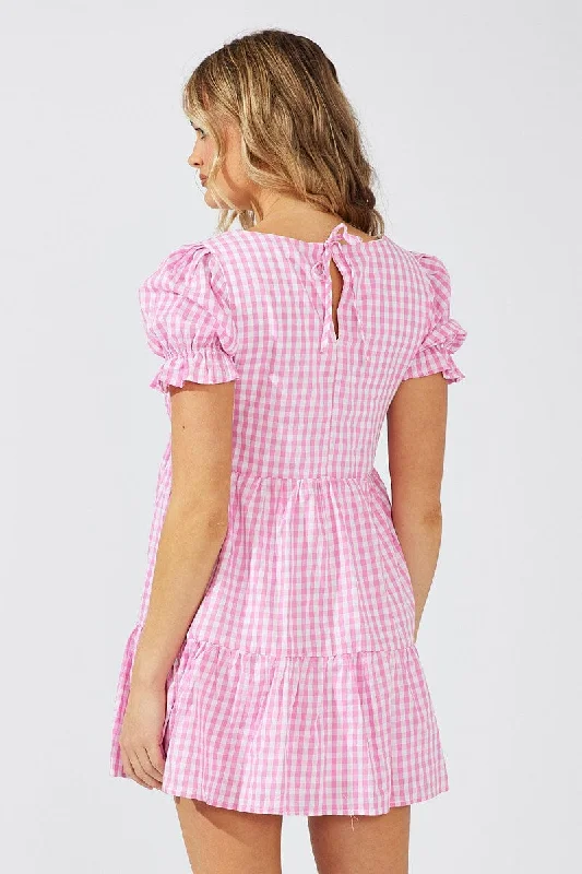 Pink Check Smock Dress Short Sleeve Tiered