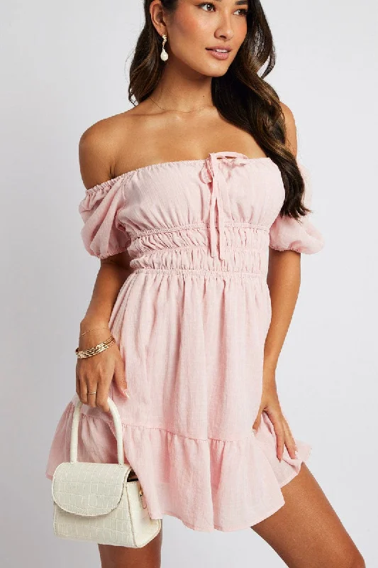 Pink Fit And Flare Dress Puff Sleeve Mini