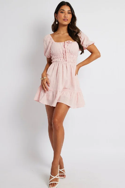 Pink Fit And Flare Dress Puff Sleeve Mini