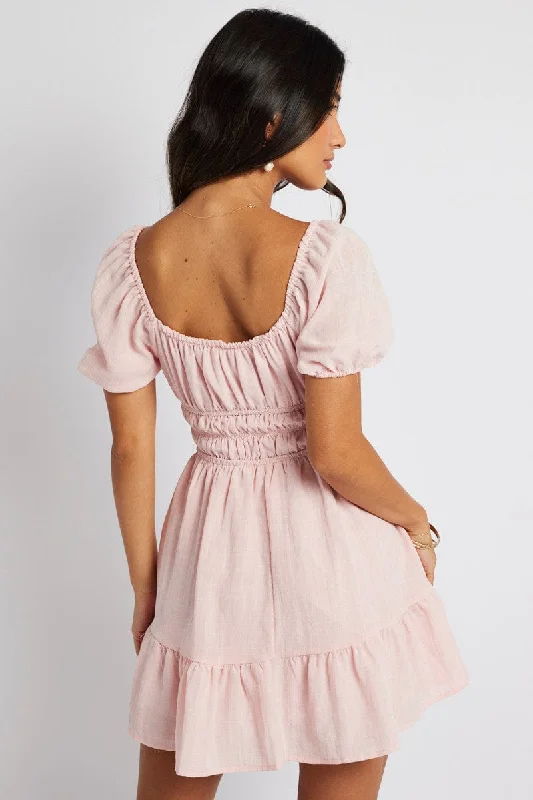 Pink Fit And Flare Dress Puff Sleeve Mini