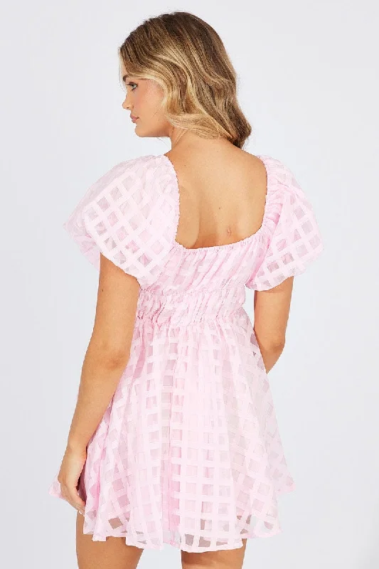 Pink Fit And Flare Dress Puff Sleeve Mini