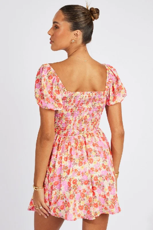 Pink Floral Fit And Flare Dress Puff Sleeve Mini