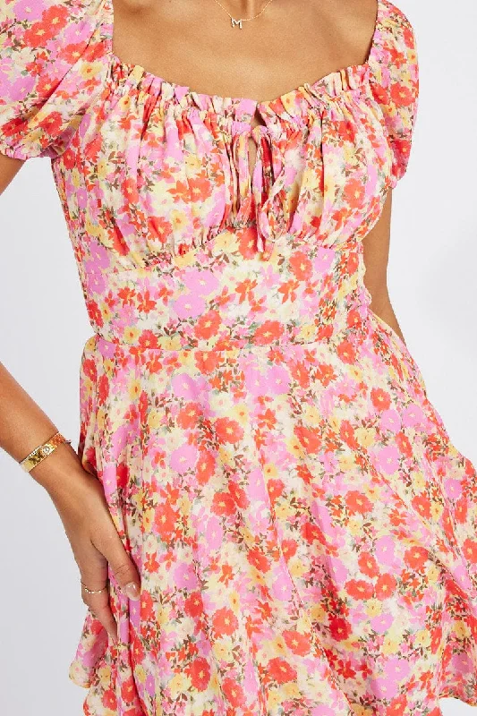 Pink Floral Fit And Flare Dress Puff Sleeve Mini