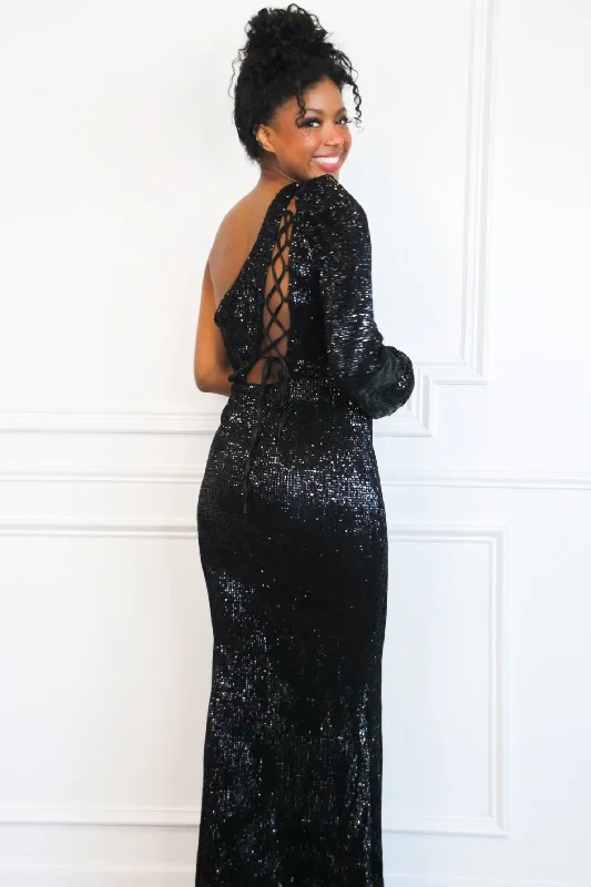 Pippa One Shoulder Sequin Maxi Dress: Black