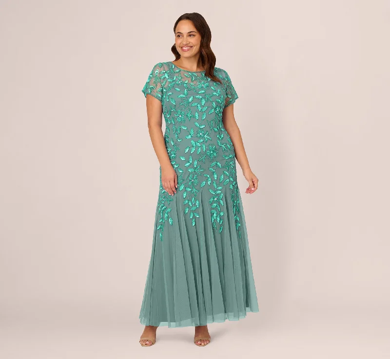 Plus Size Hand Beaded Short Sleeve Floral Godet Gown In Green Slate