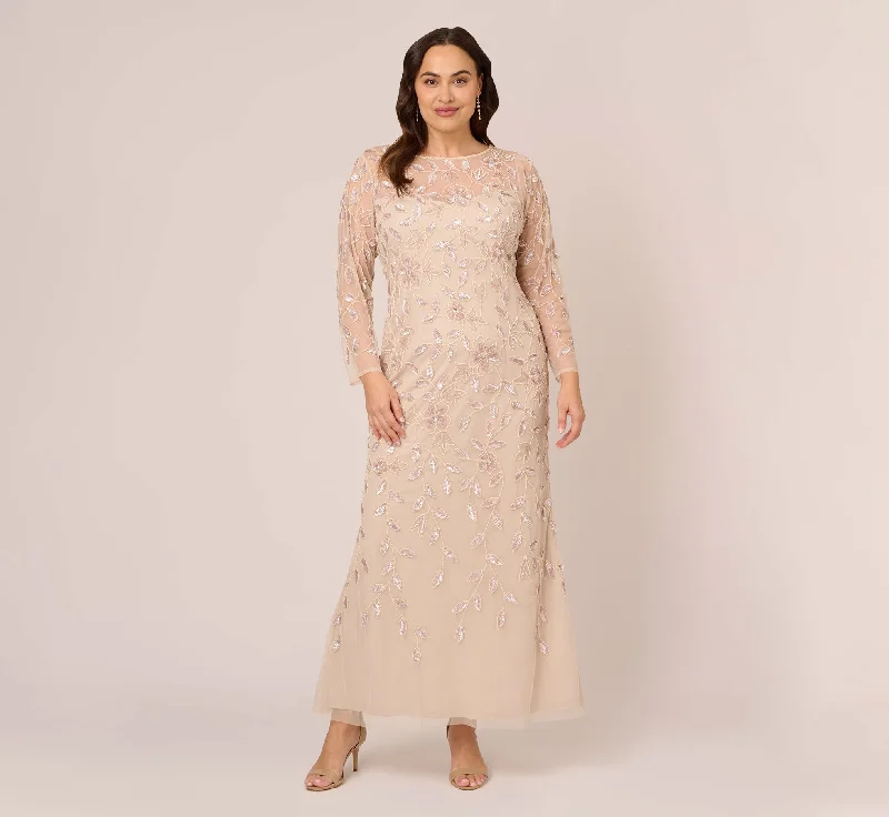 Plus Size Illusion Floral Beaded Gown With Sheer Long Sleeves In Latte