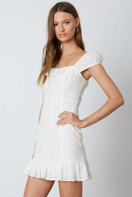 Pure Devotion White Eyelet Ruffled Mini Dress