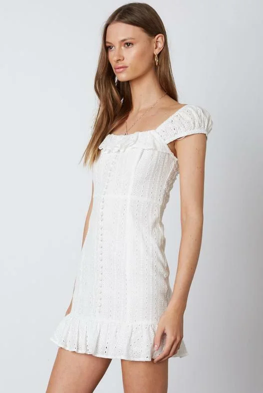 Pure Devotion White Eyelet Ruffled Mini Dress