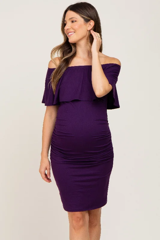 Purple Off Shoulder Fitted Maternity Dress