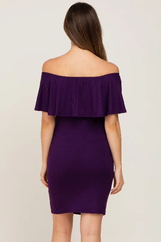 Purple Off Shoulder Fitted Maternity Dress