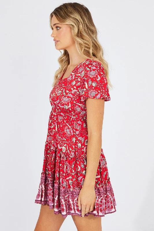 Red Boho Fit And Flare Dress V-neck Mini