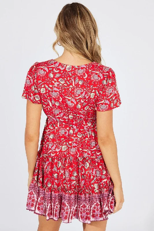 Red Boho Fit And Flare Dress V-neck Mini