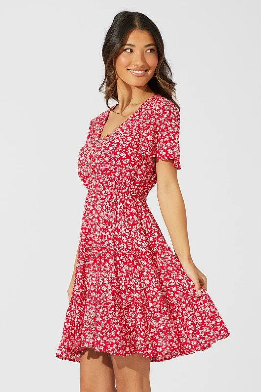 Red Ditsy Fit And Flare Dress V-neck Mini