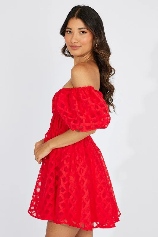 Red Fit And Flare Dress Puff Sleeve Mini