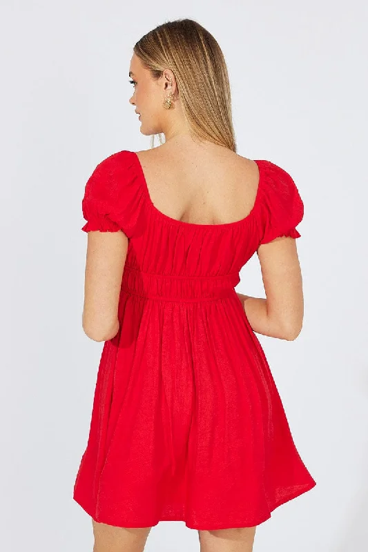 Red Fit and Flare Dress Short Sleeve Ruched