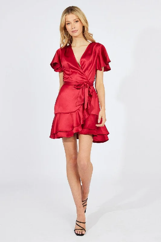 Red Mini Dress Ruffled Hem Satin