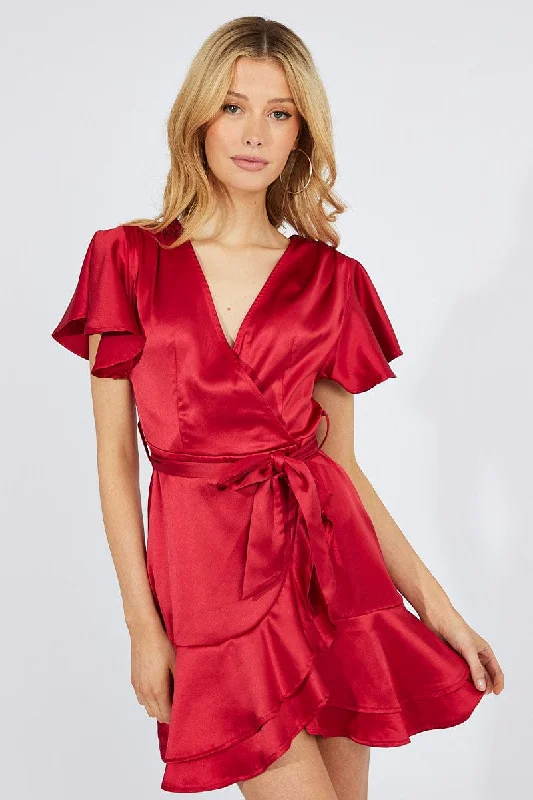 Red Mini Dress Ruffled Hem Satin