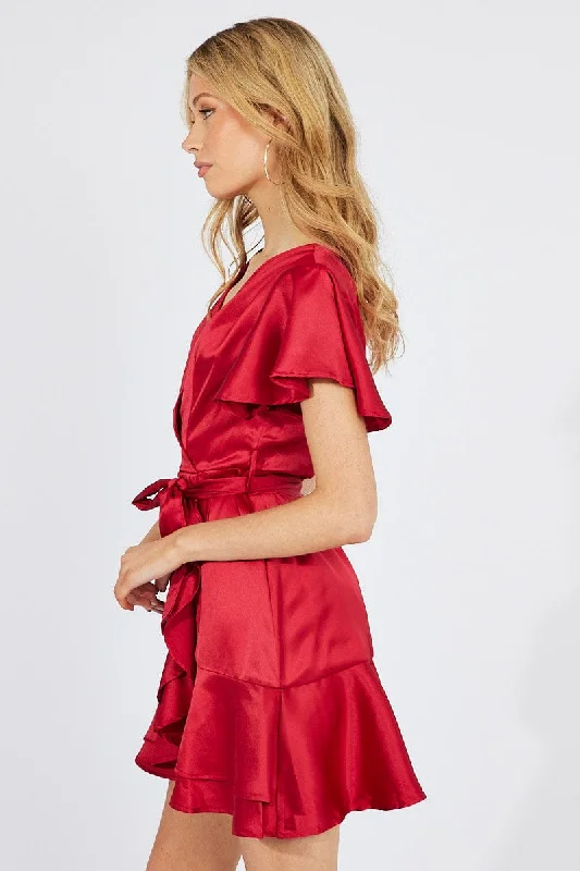 Red Mini Dress Ruffled Hem Satin