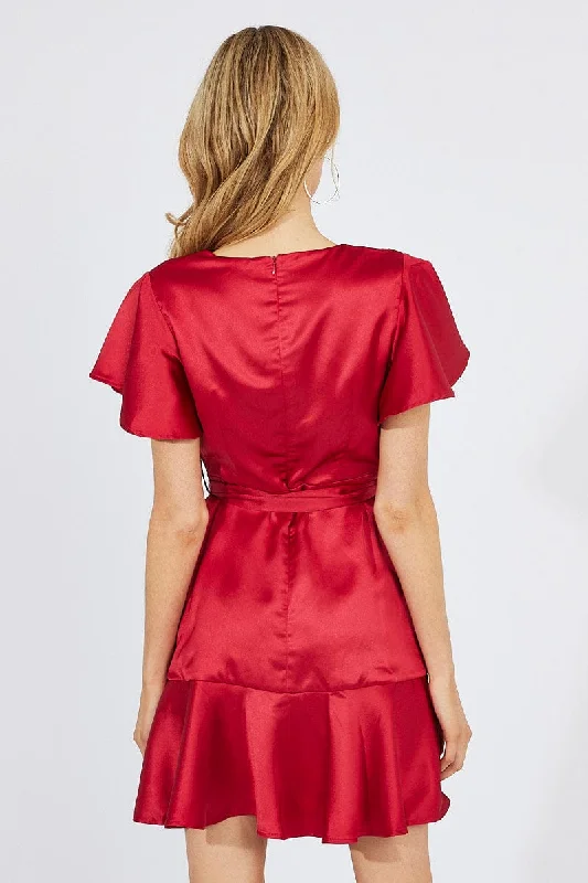 Red Mini Dress Ruffled Hem Satin